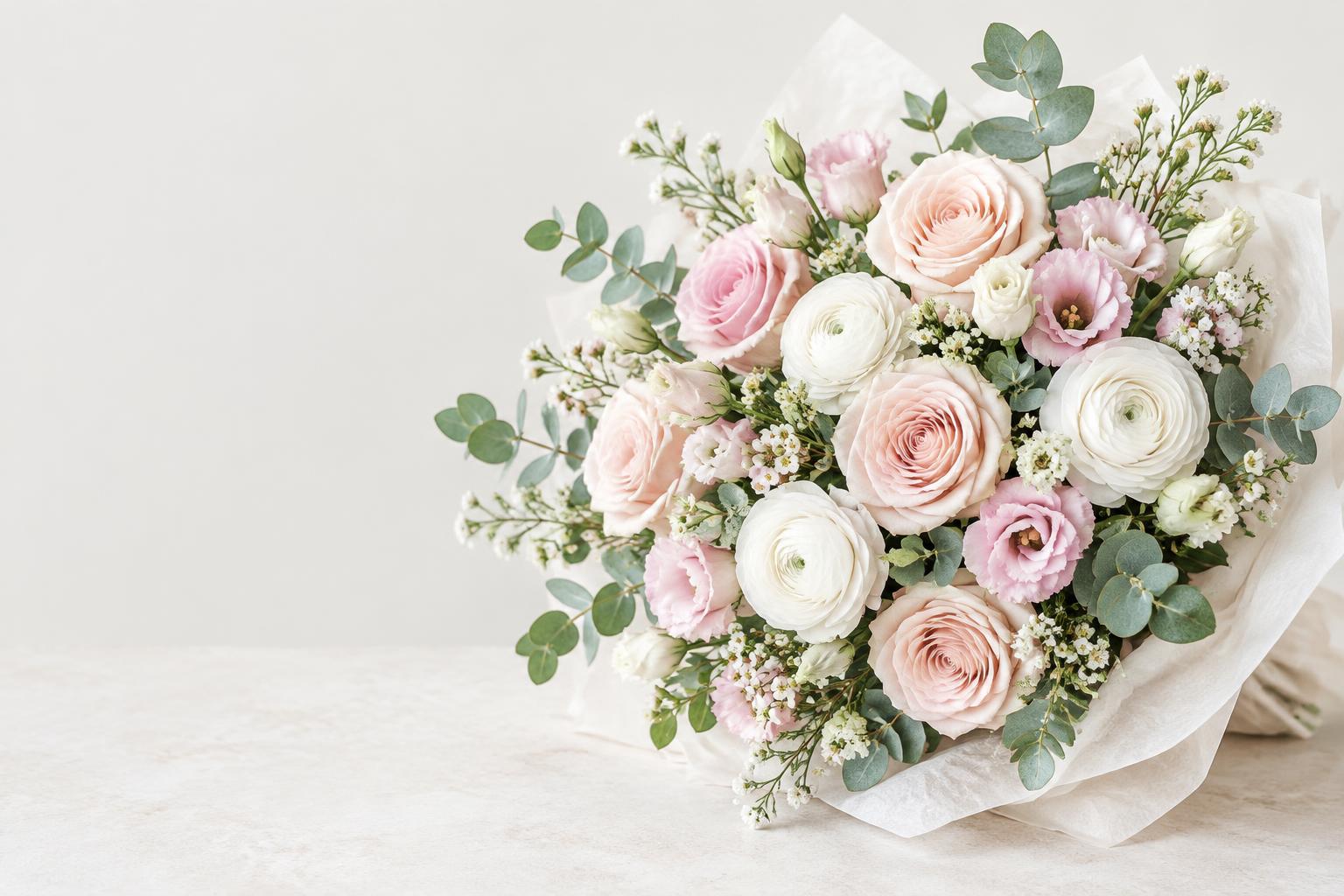Ramo de rosas rosa palo, flores blancas y eucalipto; imagen de referencia